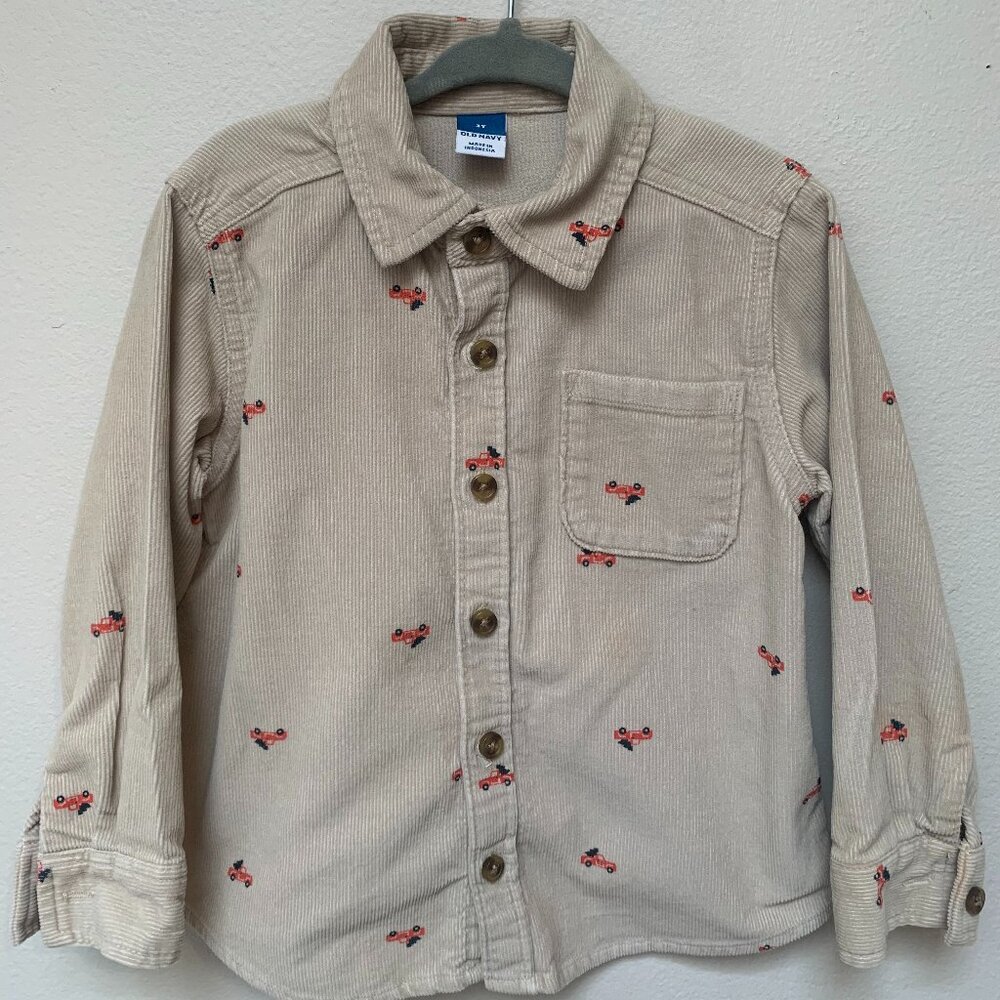 Old Navy Tan Corduroy Button Up Shirt with Christmas Tree Design Size 3T